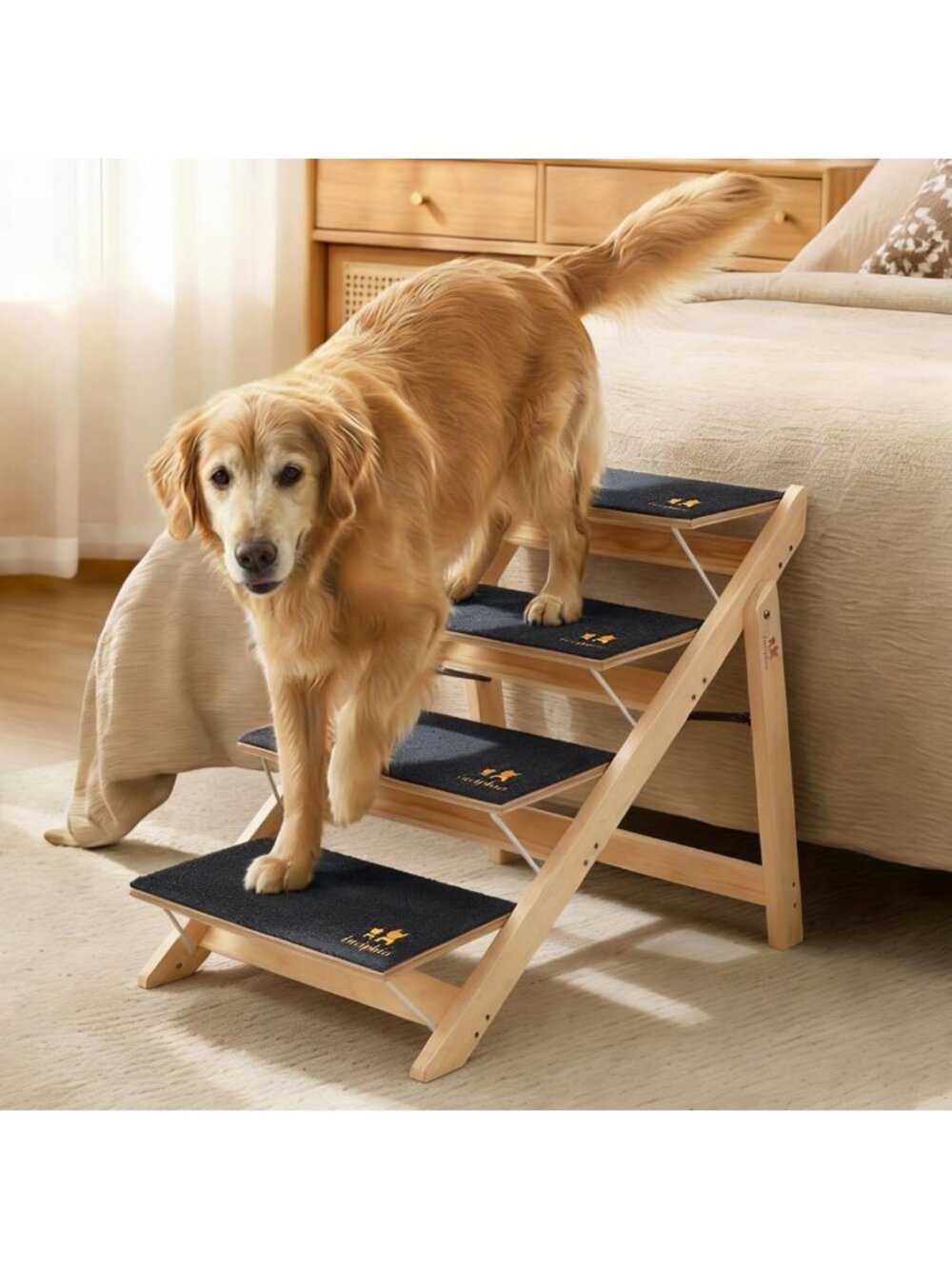Foldable 4-Step Wooden Dog Stairs, Anti-Slip Pet Steps for Easy Access